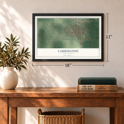 Carrington, North Dakota map, 12 x 18 inch print in a black frame in an entryway