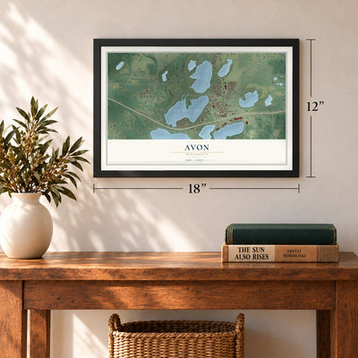 Avon, Minnesota map, 12 x 18 inch print in a black frame in an entryway