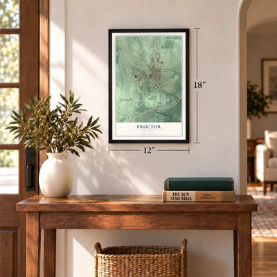 Proctor, Minnesota map, 12 x 18 inch print in a black frame in an entryway