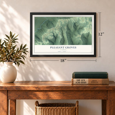Pleasant Groves, Alabama map, 12 x 18 inch print in a black frame in an entryway