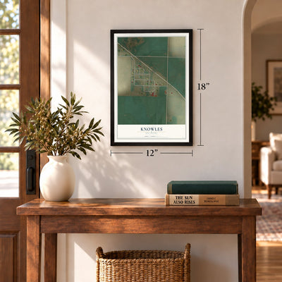 Knowles, Oklahoma map, 12 x 18 inch print in a black frame in an entryway