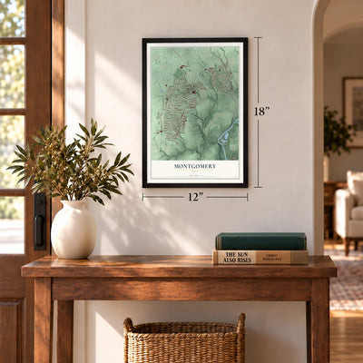 Montgomery, Ohio map, 12 x 18 inch print in a black frame in an entryway