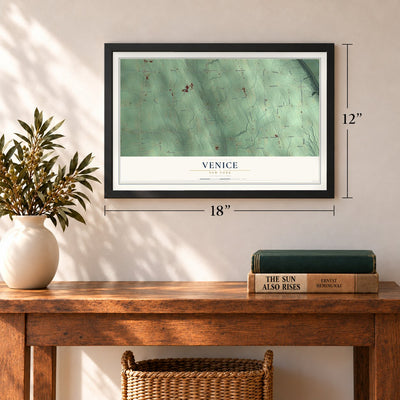 Venice, New York map, 12 x 18 inch print in a black frame in an entryway
