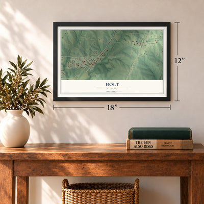 Holt, Missouri map, 12 x 18 inch print in a black frame in an entryway