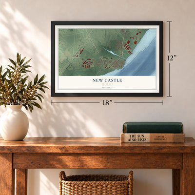 New Castle, Delaware map, 12 x 18 inch print in a black frame in an entryway