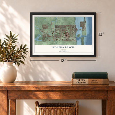 Riviera Beach, Florida map, 12 x 18 inch print in a black frame in an entryway