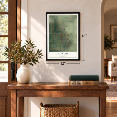 Auxvasse, Missouri map, 12 x 18 inch print in a black frame in an entryway