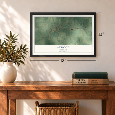 Atwood, Tennessee map, 12 x 18 inch print in a black frame in an entryway