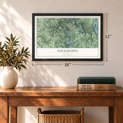 Loyalhanna, Pennsylvania map, 12 x 18 inch print in a black frame in an entryway