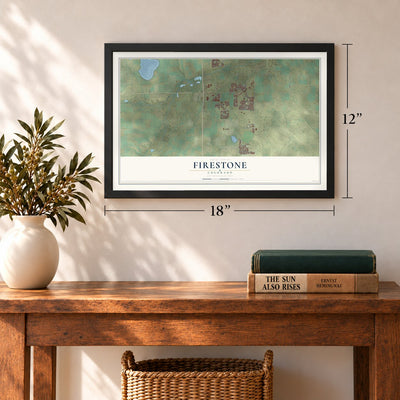Firestone, Colorado map, 12 x 18 inch print in a black frame in an entryway