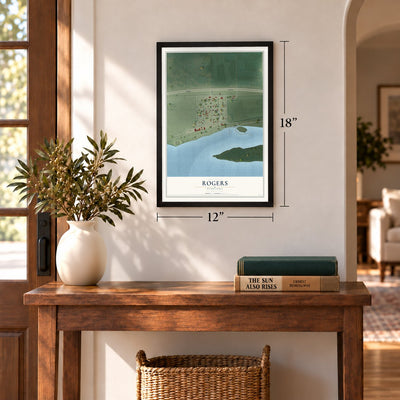 Rogers, Nebraska map, 12 x 18 inch print in a black frame in an entryway