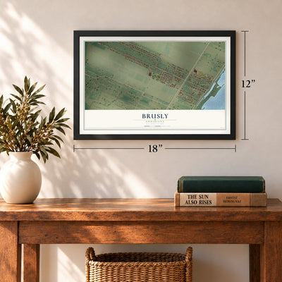 Brusly, Louisiana map, 12 x 18 inch print in a black frame in an entryway