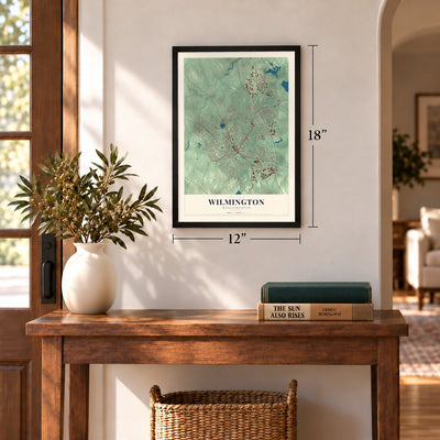 Wilmington, Massachusetts map, 12 x 18 inch print in a black frame in an entryway