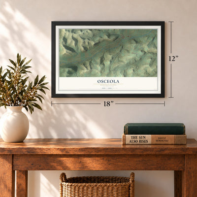 Osceola, Pennsylvania map, 12 x 18 inch print in a black frame in an entryway