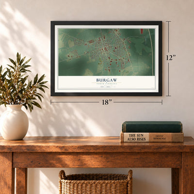 Burgaw, North Carolina map, 12 x 18 inch print in a black frame in an entryway