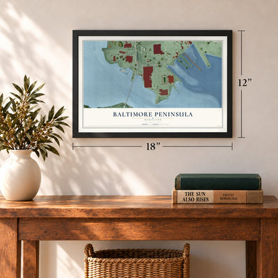 Baltimore Peninsula, Maryland map, 12 x 18 inch print in a black frame in an entryway