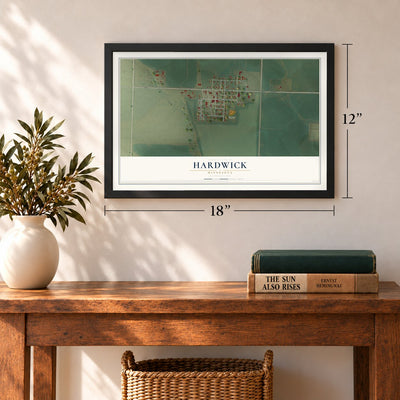 Hardwick, Minnesota map, 12 x 18 inch print in a black frame in an entryway