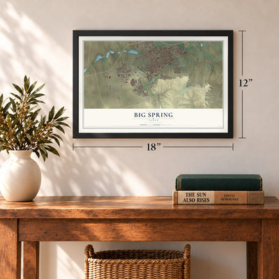 Big Spring, Texas map, 12 x 18 inch print in a black frame in an entryway