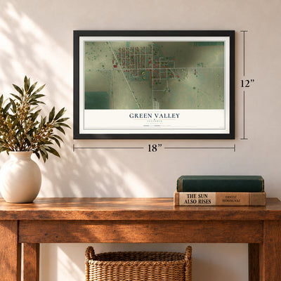 Green Valley, Illinois map, 12 x 18 inch print in a black frame in an entryway