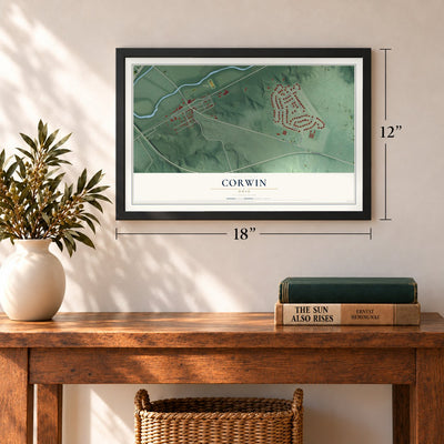 Corwin, Ohio map, 12 x 18 inch print in a black frame in an entryway