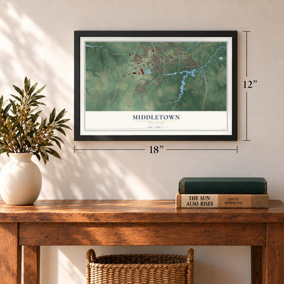 Middletown, Delaware map, 12 x 18 inch print in a black frame in an entryway