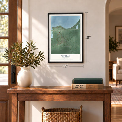 Waubay, South Dakota map, 12 x 18 inch print in a black frame in an entryway