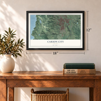Carson City, Nevada map, 12 x 18 inch print in a black frame in an entryway