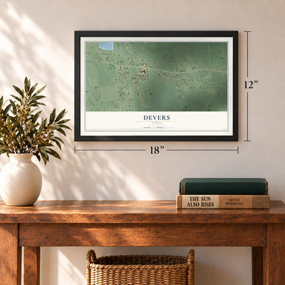 Devers, Texas map, 12 x 18 inch print in a black frame in an entryway