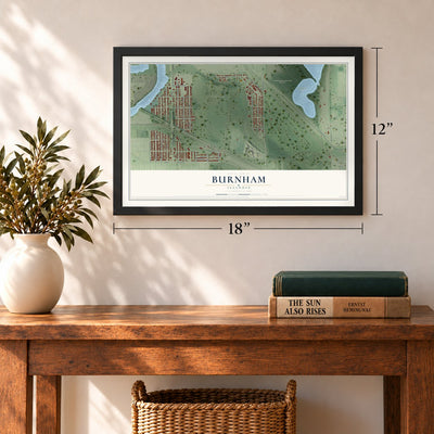 Burnham, Illinois map, 12 x 18 inch print in a black frame in an entryway