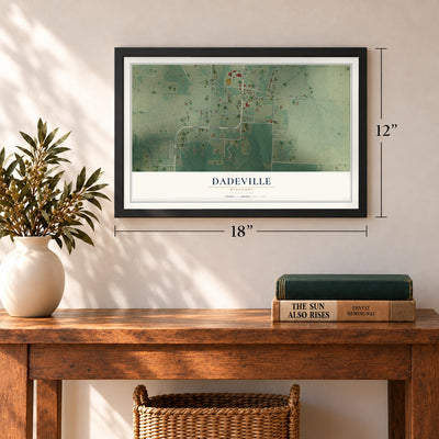Dadeville, Missouri map, 12 x 18 inch print in a black frame in an entryway