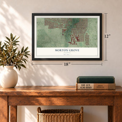 Morton Grove, Illinois map, 12 x 18 inch print in a black frame in an entryway