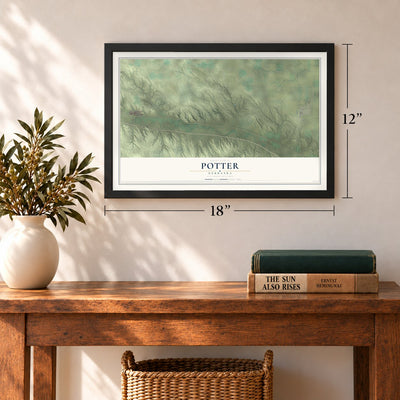 Potter, Nebraska map, 12 x 18 inch print in a black frame in an entryway