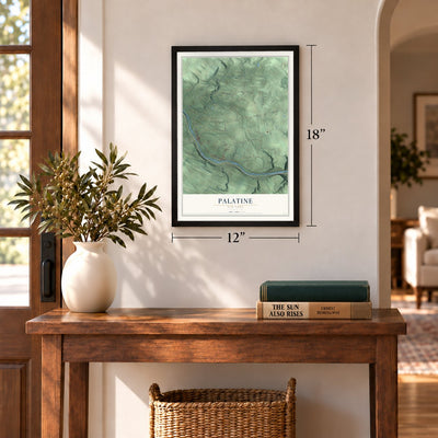 Palatine, New York map, 12 x 18 inch print in a black frame in an entryway