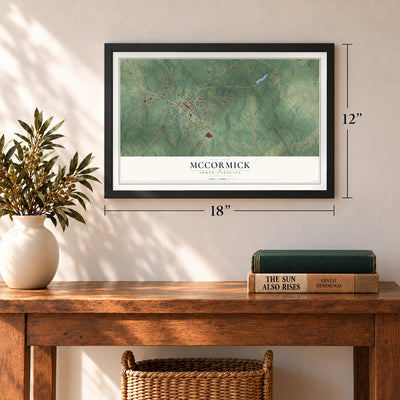 McCormick, South Carolina map, 12 x 18 inch print in a black frame in an entryway
