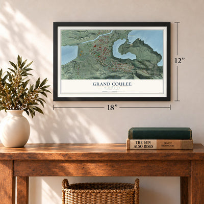 Grand Coulee, Washington map, 12 x 18 inch print in a black frame in an entryway