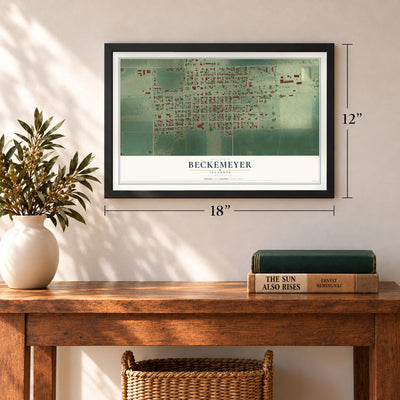 Beckemeyer, Illinois map, 12 x 18 inch print in a black frame in an entryway