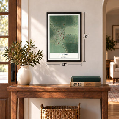 Tintah, Minnesota map, 12 x 18 inch print in a black frame in an entryway