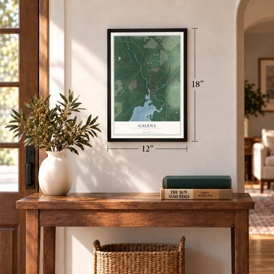 Galena, Ohio map, 12 x 18 inch print in a black frame in an entryway