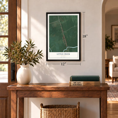 Little Creek, Delaware map, 12 x 18 inch print in a black frame in an entryway