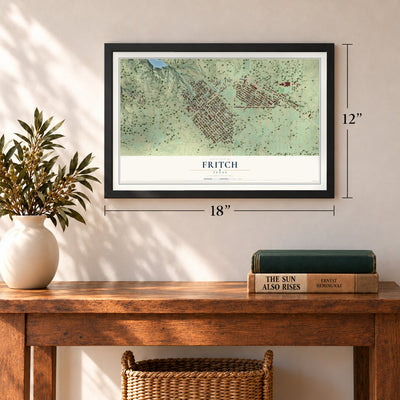 Fritch, Texas map, 12 x 18 inch print in a black frame in an entryway