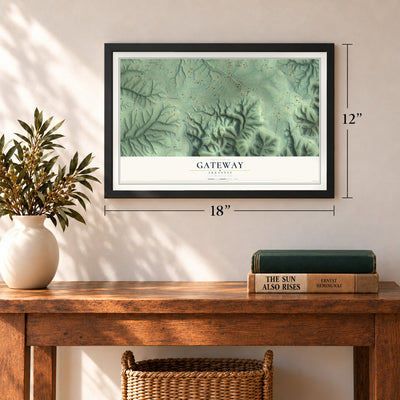 Gateway, Arkansas map, 12 x 18 inch print in a black frame in an entryway