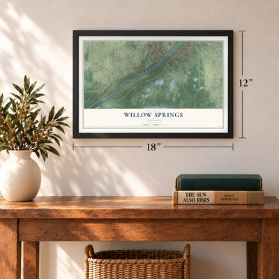Willow Springs, Illinois map, 12 x 18 inch print in a black frame in an entryway