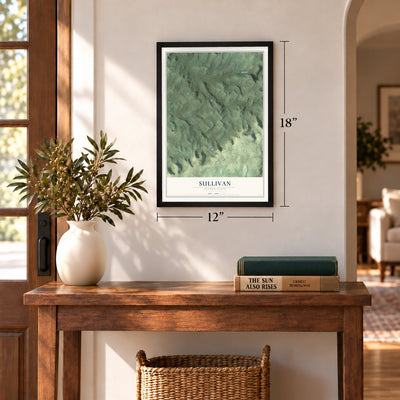 Sullivan, Pennsylvania map, 12 x 18 inch print in a black frame in an entryway