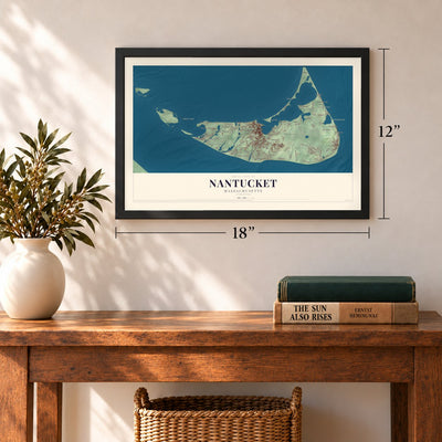 Nantucket, Massachusetts map, 12 x 18 inch print in a black frame in an entryway