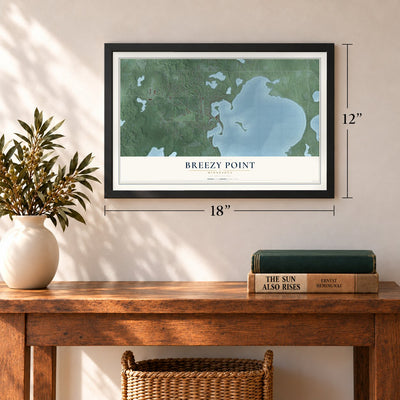 Breezy Point, Minnesota map, 12 x 18 inch print in a black frame in an entryway