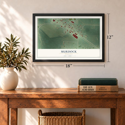 Murdock, Minnesota map, 12 x 18 inch print in a black frame in an entryway
