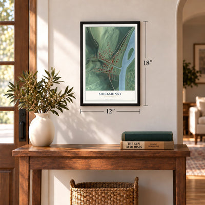 Shickshinny, Pennsylvania map, 12 x 18 inch print in a black frame in an entryway