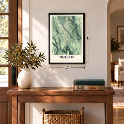 Middlefield, Massachusetts map, 12 x 18 inch print in a black frame in an entryway