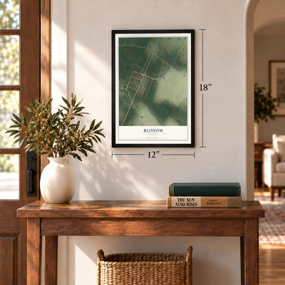 Bloxom, Virginia map, 12 x 18 inch print in a black frame in an entryway