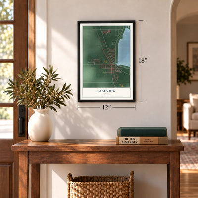 Lakeview, Ohio map, 12 x 18 inch print in a black frame in an entryway